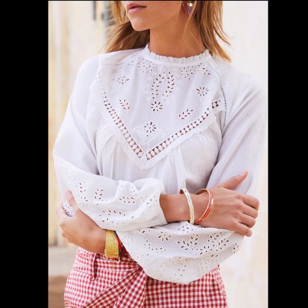 Sezane Alois Blouse Top Eyelet Embroidered White Cotton Floral